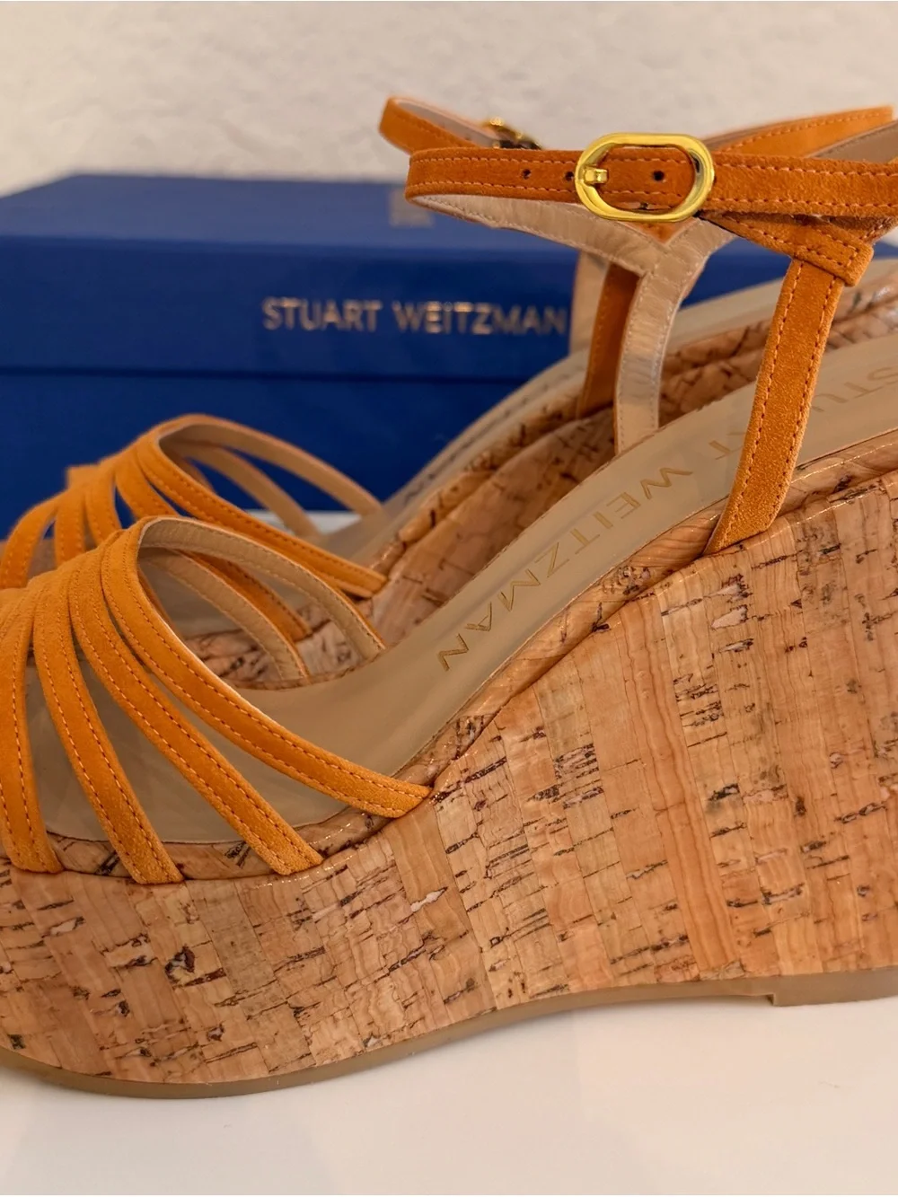 Stuart Weitzman Soiree Orange Suede Cork Wedge Sandals